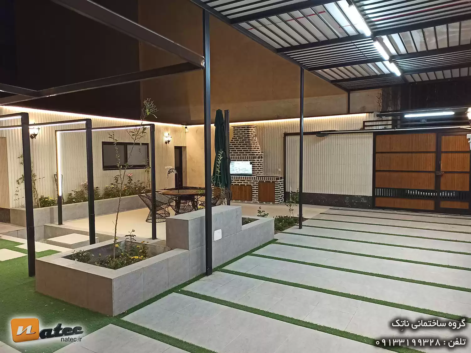 طراحی و بازسازی حیاط دارای آبنما و شومینه